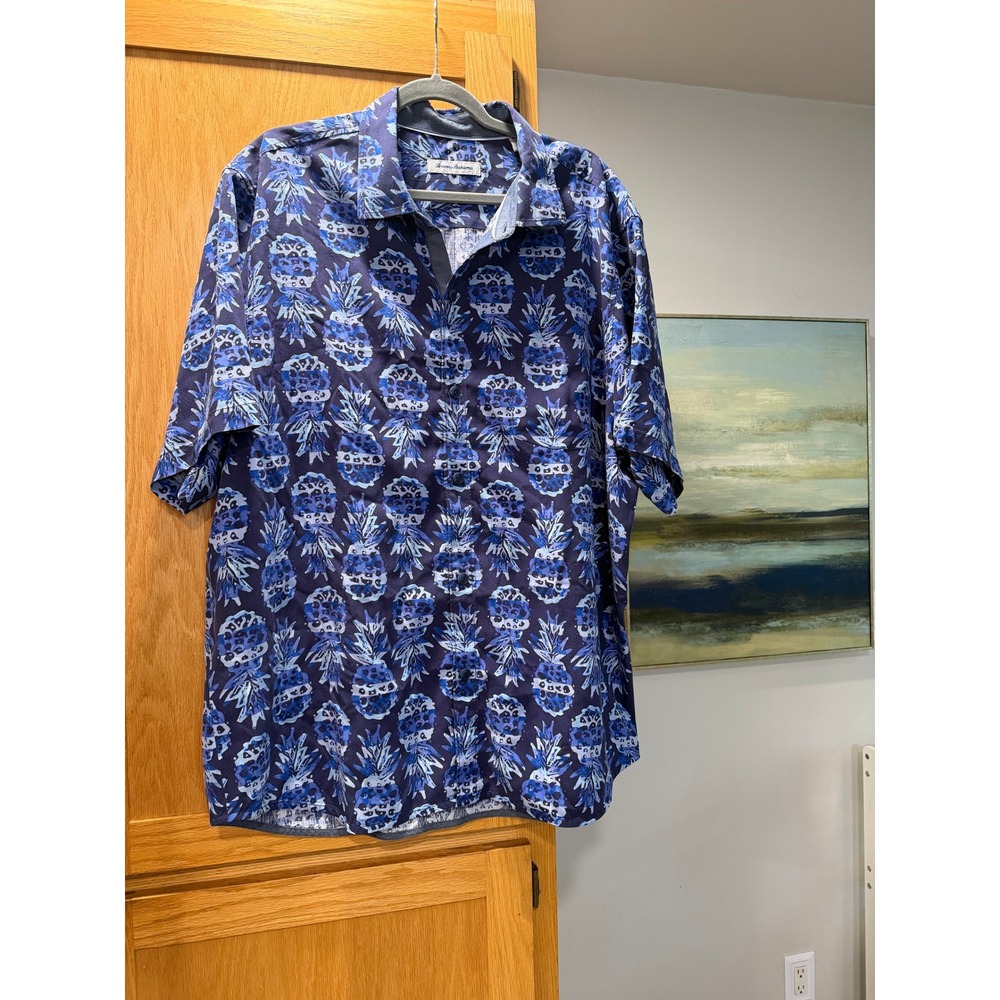 Tommy Bahama Mens XL Blue Fruit Vaca Print 100% Silk Short Sleeve Button Shirt
